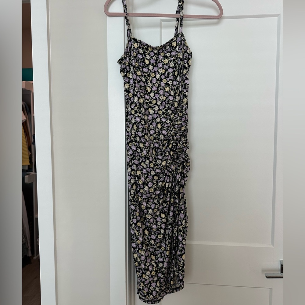 Hollister Black Floral Maxi Dress with Lavender and Pale Yellow Accents